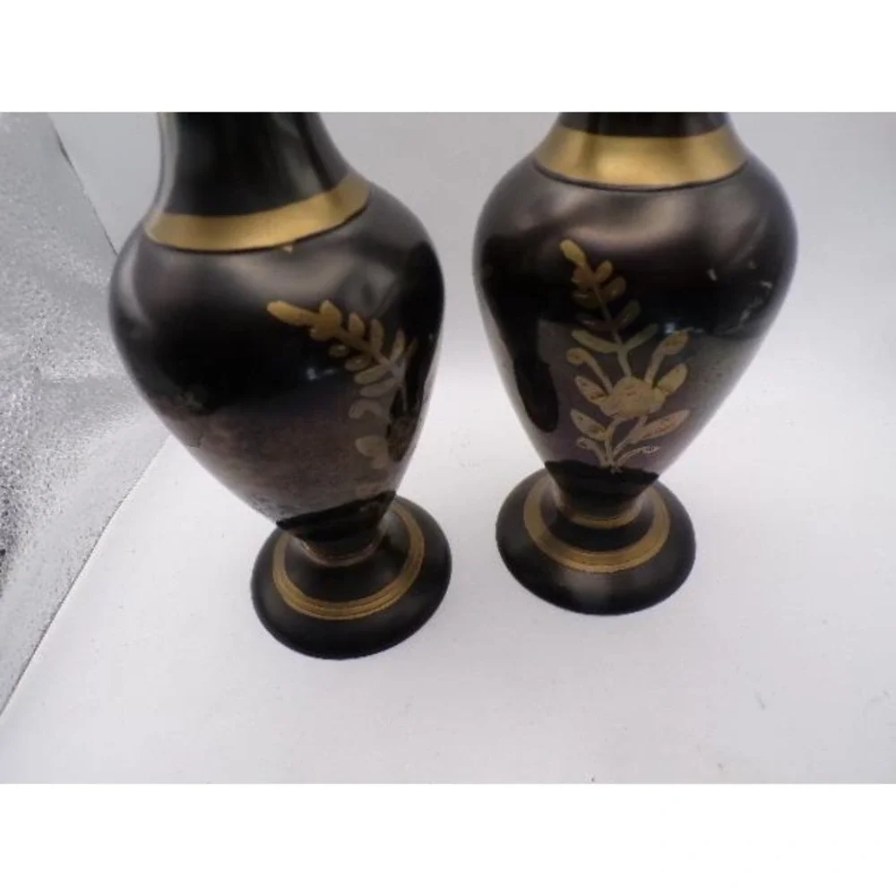 Pair Vintage Brass Black‎ Etched Floral Vases Decorative Accent Table Decor